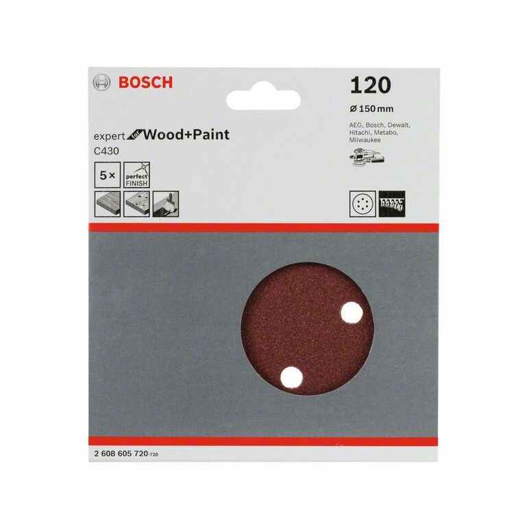 Bosch Schleifblatt C430, 150 mm, 120, 6 Löcher, Klett, 5er-Pack (2 608 605 720), image _ab__is.image_number.default