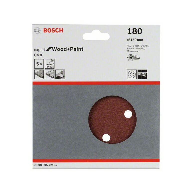 Bosch Schleifblatt C430, 150 mm, 180, 6 Löcher, Klett, 5er-Pack (2 608 605 721), image 