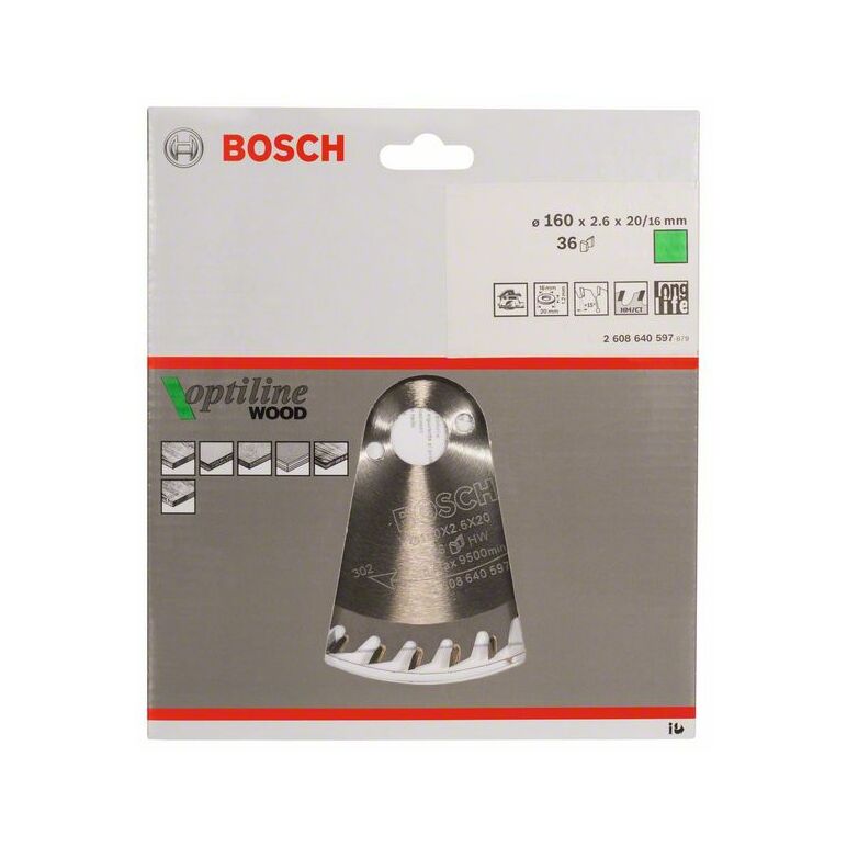 Bosch Kreissägeblatt Optiline Wood für Handkreissägen, 160 x 20/16 x 2,6 mm, 36 (2 608 640 597), image _ab__is.image_number.default