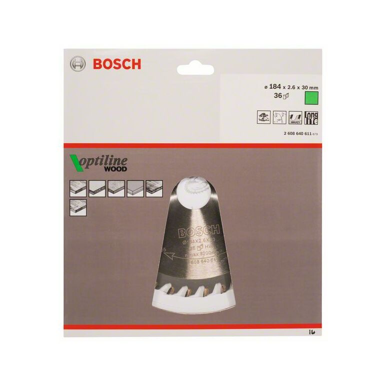 Bosch Kreissägeblatt Optiline Wood für Handkreissägen, 184 x 30 x 2,6 mm, 36 (2 608 640 611), image 