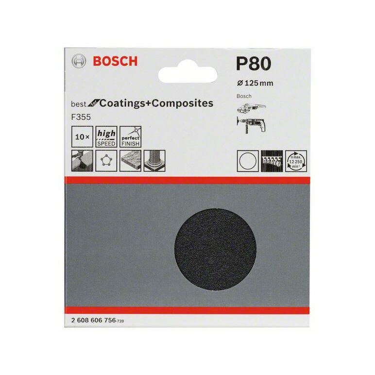 Bosch Schleifblatt Papier F355, 125 mm, 80, ungelocht, Klett, 10er-Pack (2 608 606 756), image 
