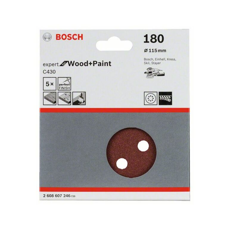 Bosch Schleifblatt C430, 115 mm, 180, 8 Löcher, Klett, 5er-Pack (2 608 607 246), image _ab__is.image_number.default