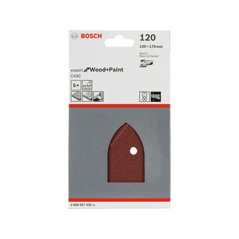 Bosch Schleifblatt C430, 100 x 170 mm, 120, 4 Löcher, Klett, 5er-Pack (2 608 607 430), image _ab__is.image_number.default