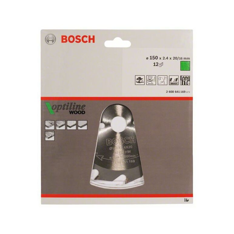 Bosch Kreissägeblatt Optiline Wood für Handkreissägen, 150 x 20/16 x 2,4 mm, 12 (2 608 641 169), image 