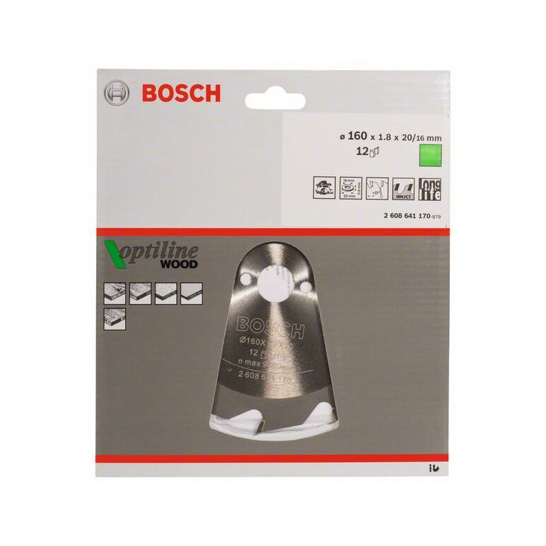 Bosch Kreissägeblatt Optiline Wood für Handkreissägen, 160 x 20/16 x 1,8 mm, 12 (2 608 641 170), image 