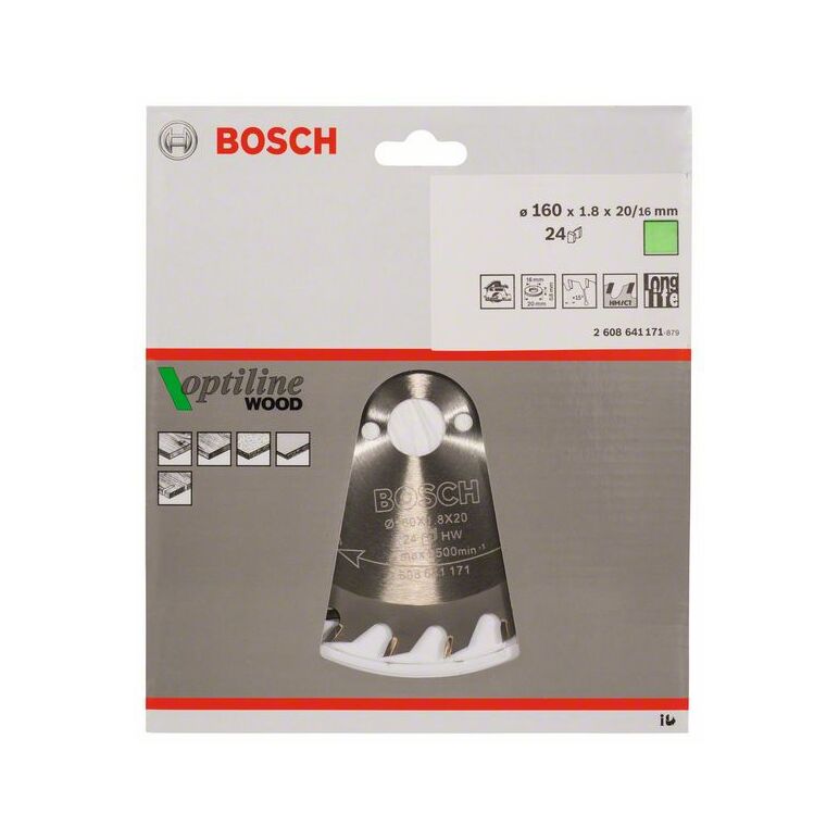Bosch Kreissägeblatt Optiline Wood für Handkreissägen, 160 x 20/16 x 1,8 mm, 24 (2 608 641 171), image 