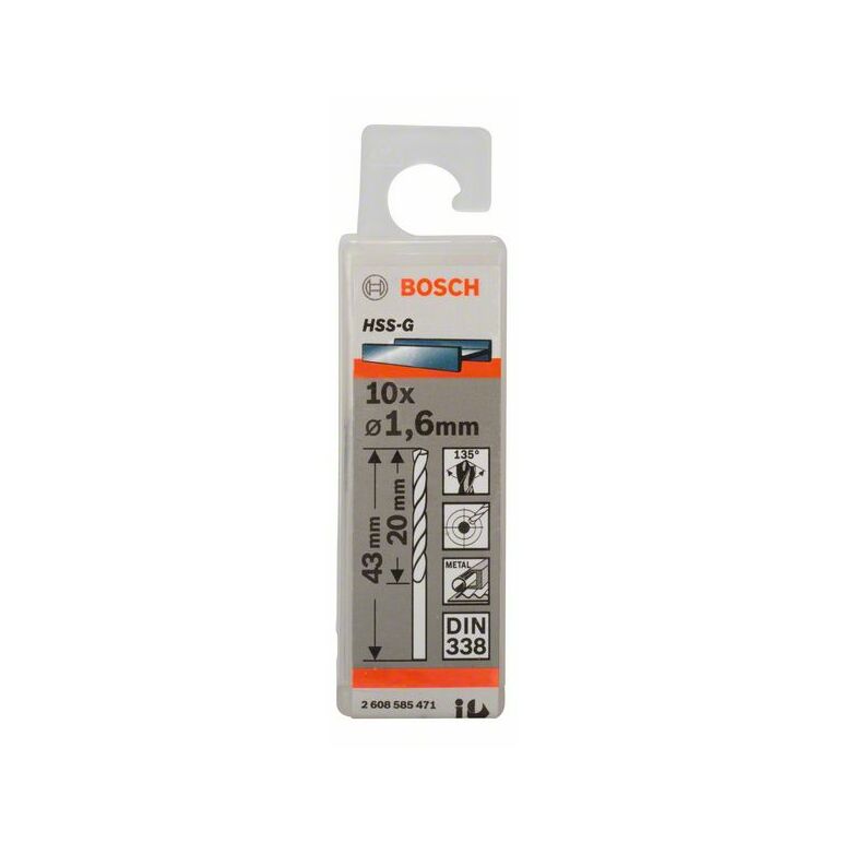 Bosch Metallbohrer HSS-G, DIN 338, 1,6 x 20 x 43 mm, 10er-Pack (2 608 585 471), image 