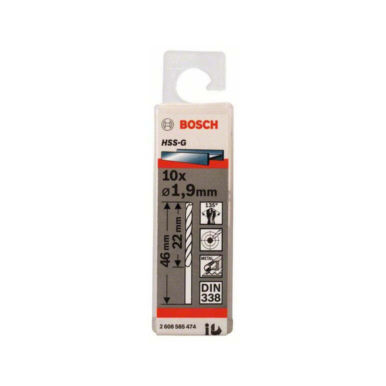 Bosch Metallbohrer HSS-G, DIN 338, 1,9 x 22 x 46 mm, 10er-Pack (2 608 585 474), image 