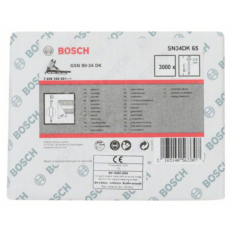 Bosch D-Kopf Streifennagel SN34DK 65, 2,8 mm, 65 mm, blank, glatt (2 608 200 001), image 