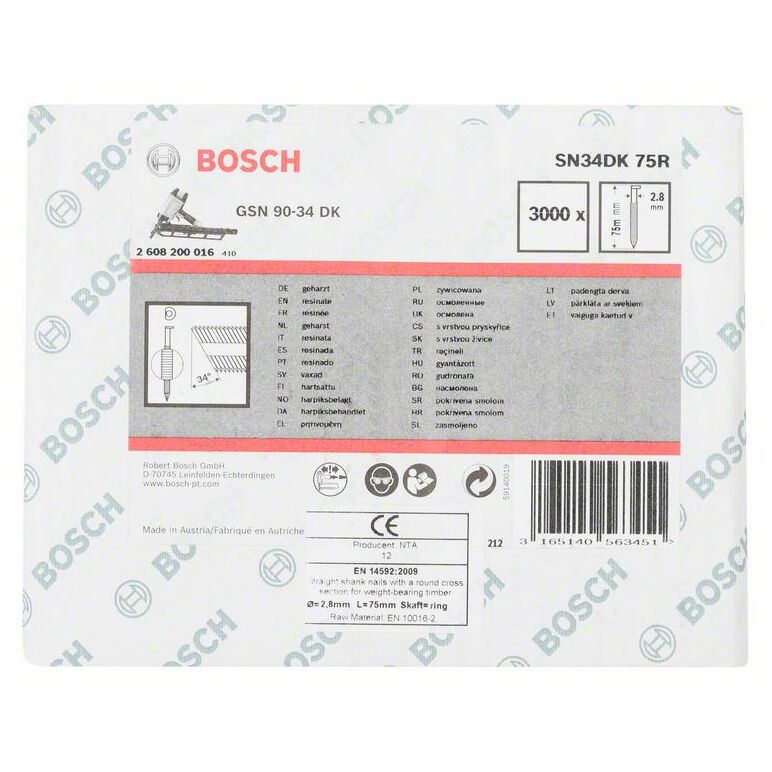 Bosch D-Kopf Streifennagel SN34DK 75R, 2,8 mm, 75 mm, blank, gerillt (2 608 200 016), image 