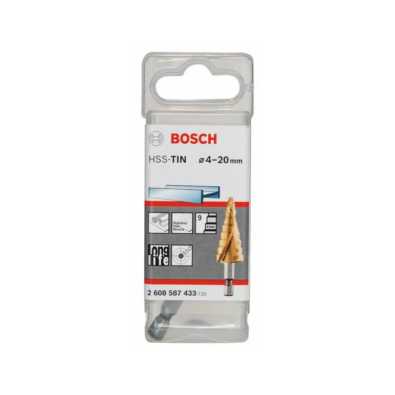 Bosch Stufenbohrer HSS-TiN, 4 - 20 mm, 1/4 Zoll, 70,5 mm, 9 Stufen (2 608 587 433), image _ab__is.image_number.default