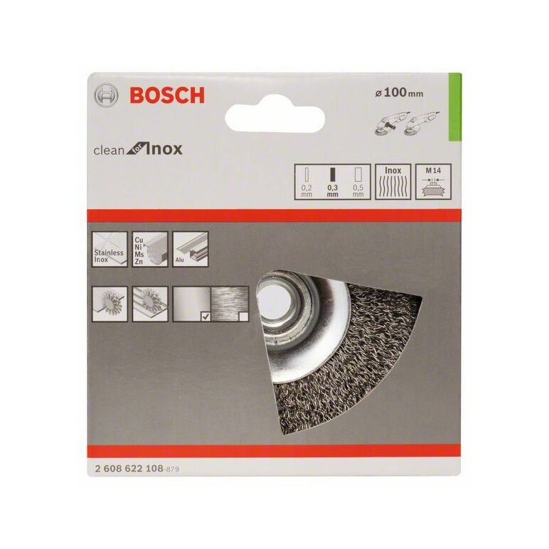 Bosch Kegelbürste Clean for Inox, gewellt, rostfrei, 100 mm, 0,35 mm, 12500 U/min, M14 (2 608 622 108), image _ab__is.image_number.default