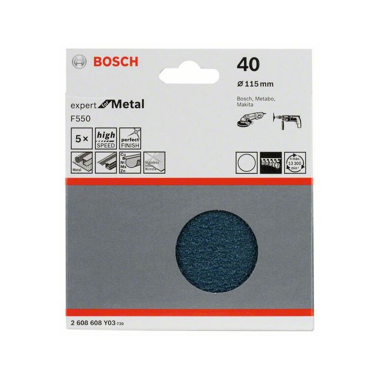 Bosch Schleifblatt F550, Expert for Metal, 115 mm, 40, ungelocht, Klett, 5er-Pack (2 608 608 Y03), image 