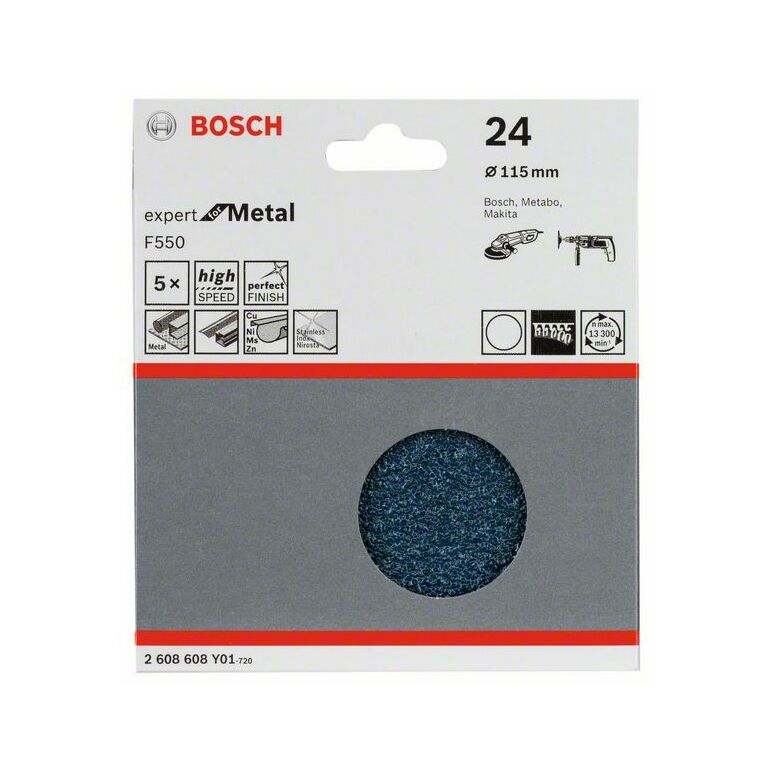 Bosch Schleifblatt F550, Expert for Metal, 115 mm, 24, ungelocht, Klett, 5er-Pack (2 608 608 Y01), image 