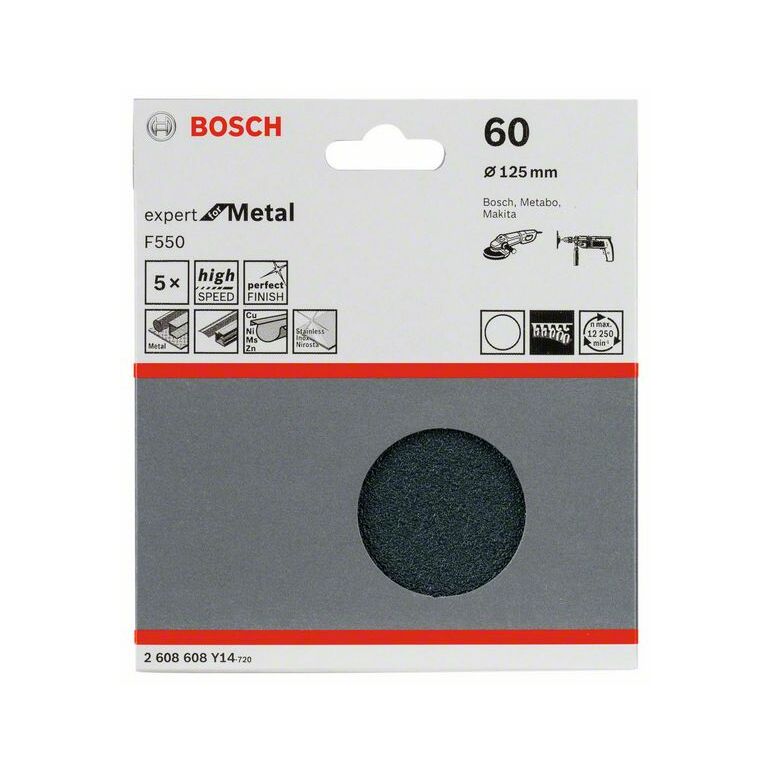 Bosch Schleifblatt F550, Expert for Metal, 125 mm, 60, ungelocht, Klett, 5er-Pack (2 608 608 Y14), image 