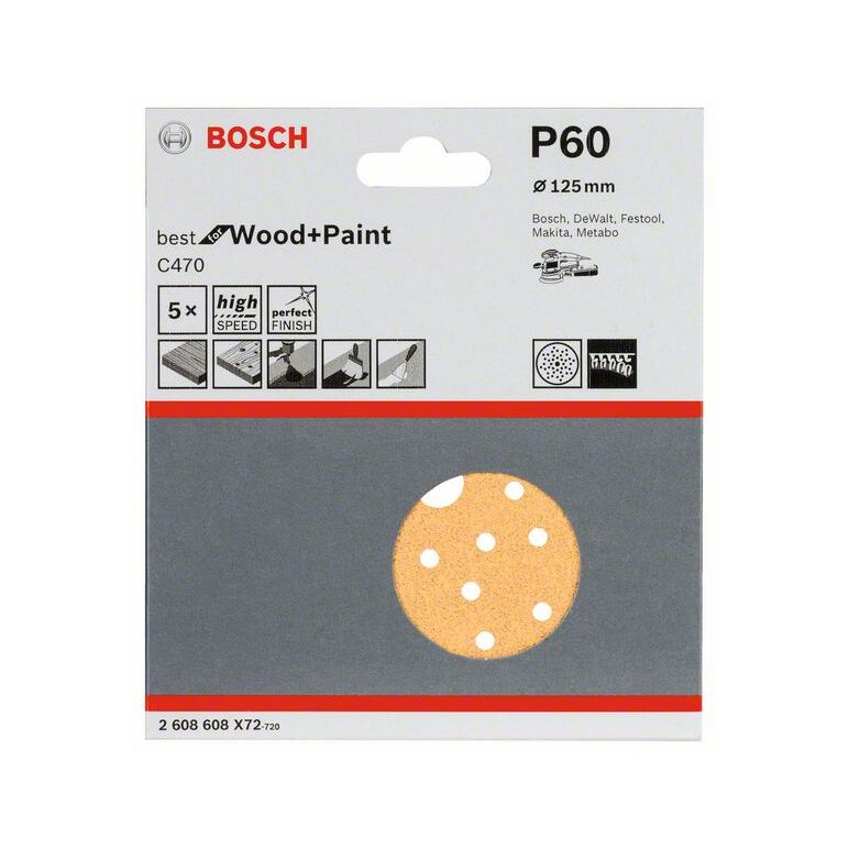 Bosch Schleifblatt C470, 125 mm, 60, Multilochung, Klett, 5er-Pack (2 608 608 X72), image 