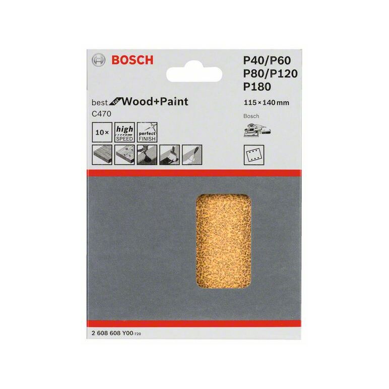 Bosch Schleifblatt C470, 115 x 140 mm, 40, 60, 80, 120, 180, 6 Löcher, 10er-Pack (2 608 608 Y00), image _ab__is.image_number.default