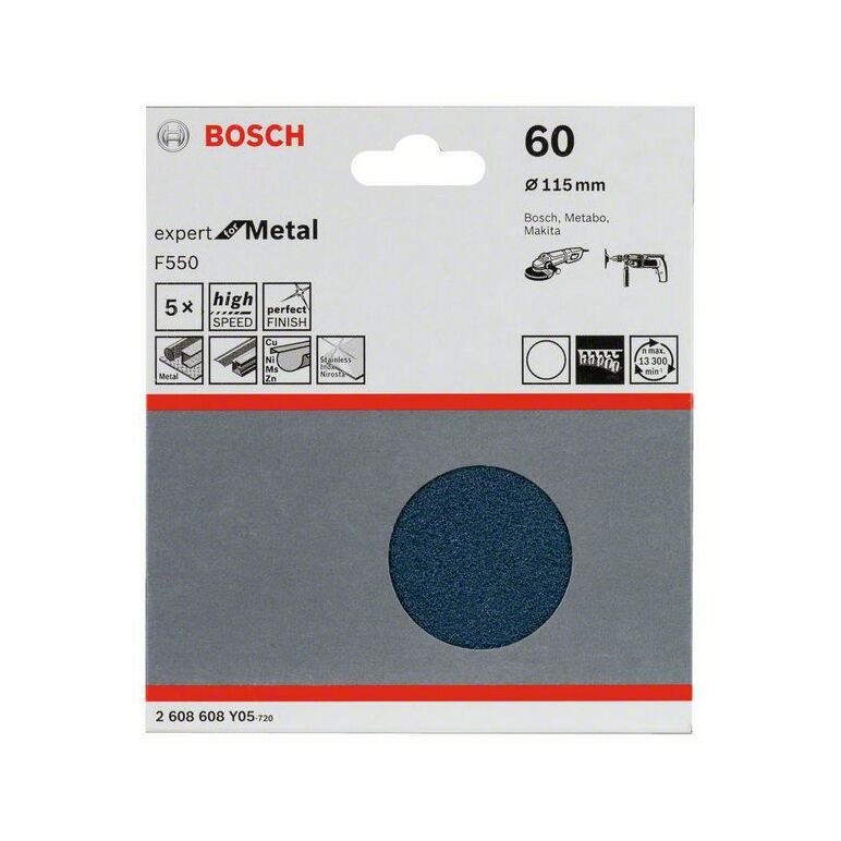 Bosch Schleifblatt F550, Expert for Metal, 115 mm, 60, ungelocht, Klett, 5er-Pack (2 608 608 Y05), image 