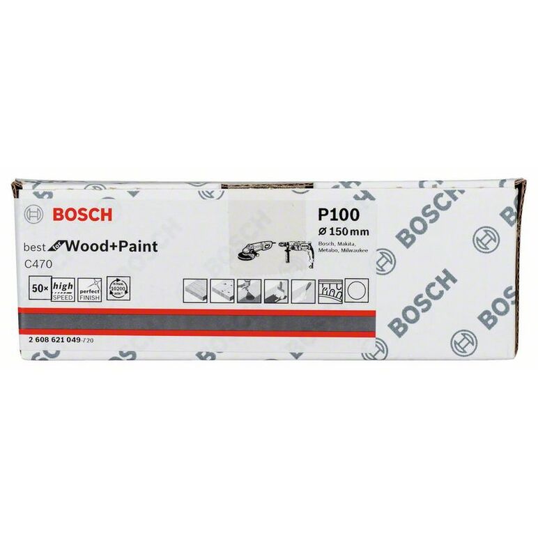 Bosch Schleifblatt Papier C470, 150 mm, 100, ungelocht, Klett, 50er-Pack (2 608 621 049), image 