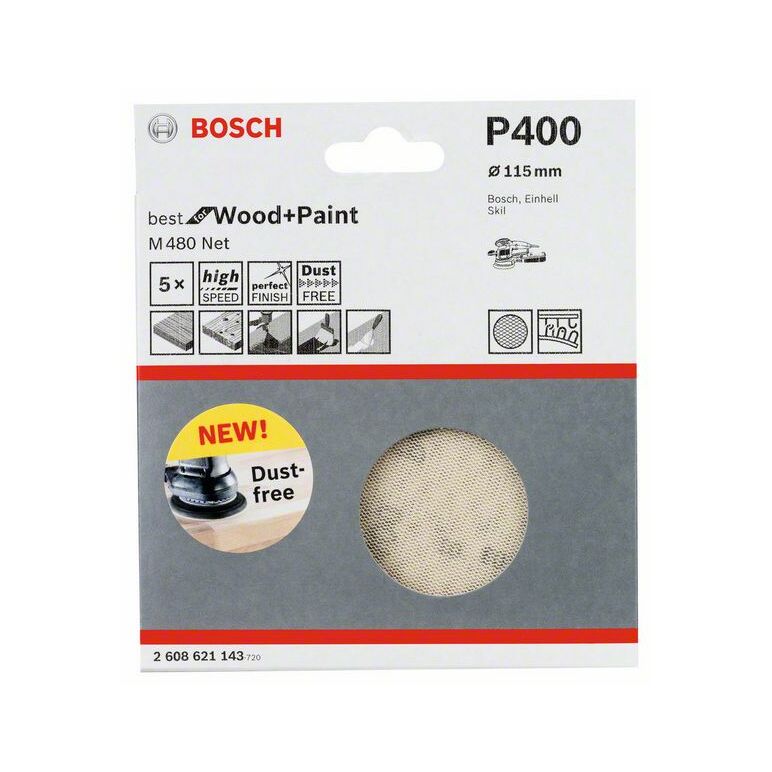 Bosch Schleifblatt M480 Net, Best for Wood and Paint, 115 mm, 400, 5er-Pack (2 608 621 143), image _ab__is.image_number.default