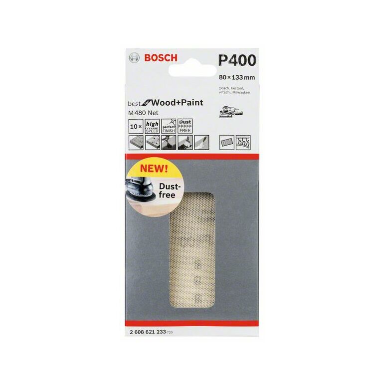 Bosch Schleifblatt M480 Net, Best for Wood and Paint, 80 x 133 mm, 400, 10er-Pack (2 608 621 233), image 