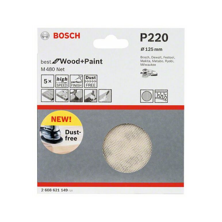 Bosch Schleifblatt M480 Net, Best for Wood and Paint, 125 mm, 220, 5er-Pack (2 608 621 149), image 