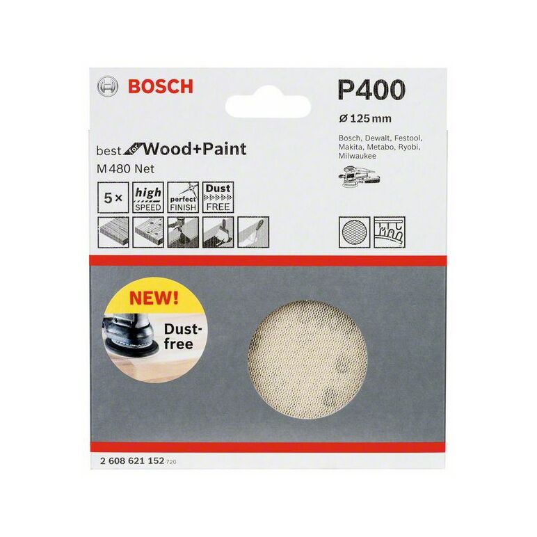 Bosch Schleifblatt M480 Net, Best for Wood and Paint, 125 mm, 400, 5er-Pack (2 608 621 152), image 