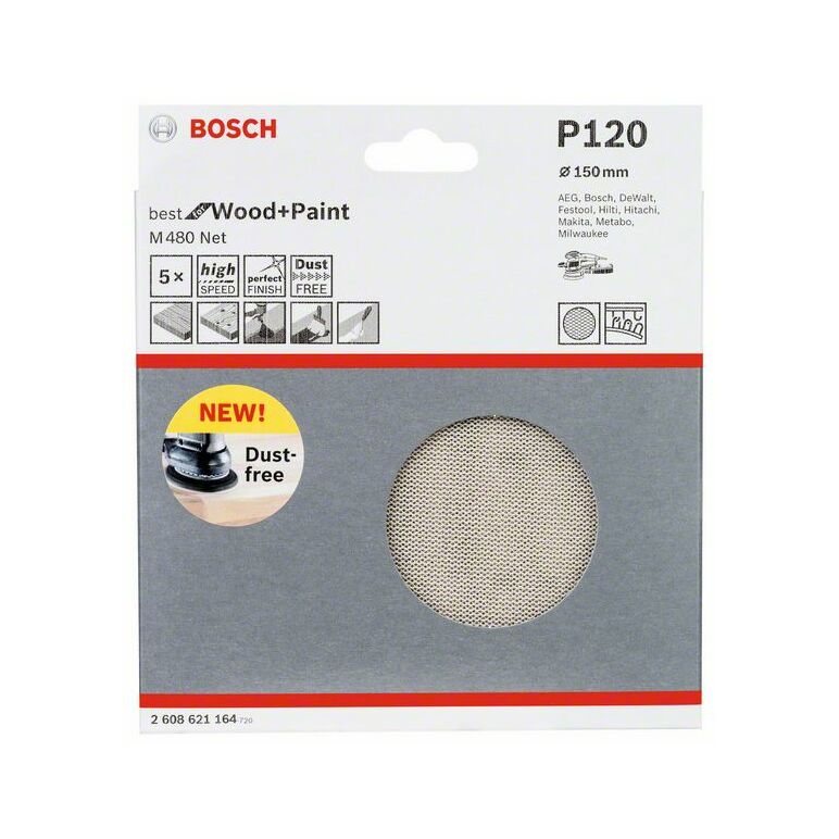 Bosch Schleifblatt M480 Net, Best for Wood and Paint, 150 mm, 120, 5er-Pack (2 608 621 164), image 