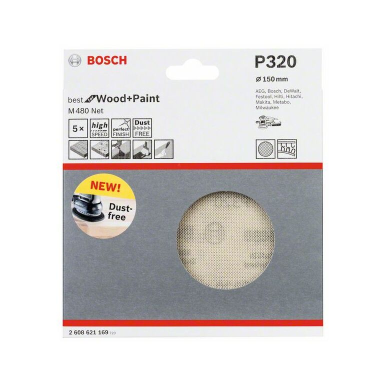 Bosch Schleifblatt M480 Net, Best for Wood and Paint, 150 mm, 320, 5er-Pack (2 608 621 169), image 