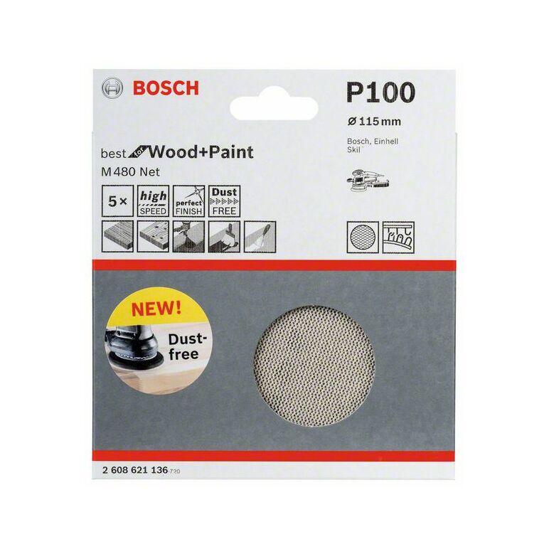 Bosch Schleifblatt M480 Net, Best for Wood and Paint, 115 mm, 100, 5er-Pack (2 608 621 136), image _ab__is.image_number.default