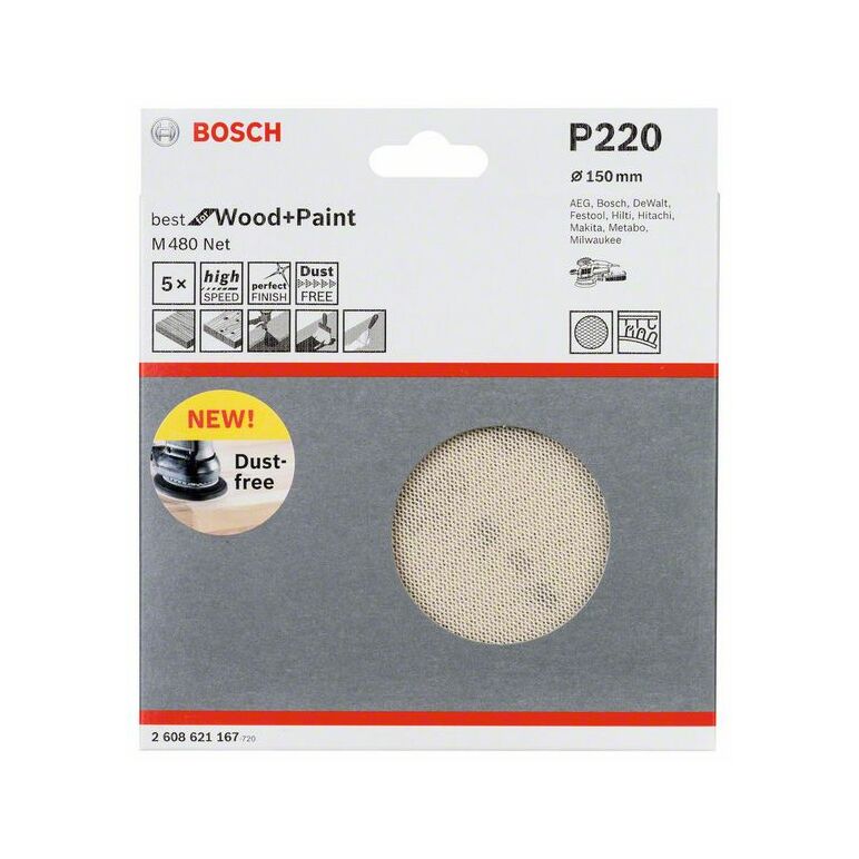 Bosch Schleifblatt M480 Net, Best for Wood and Paint, 150 mm, 220, 5er-Pack (2 608 621 167), image 