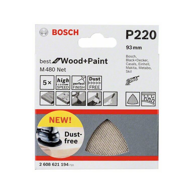 Bosch Schleifblatt M480 Net, Best for Wood and Paint, 93 mm, 220, 5er-Pack (2 608 621 194), image 