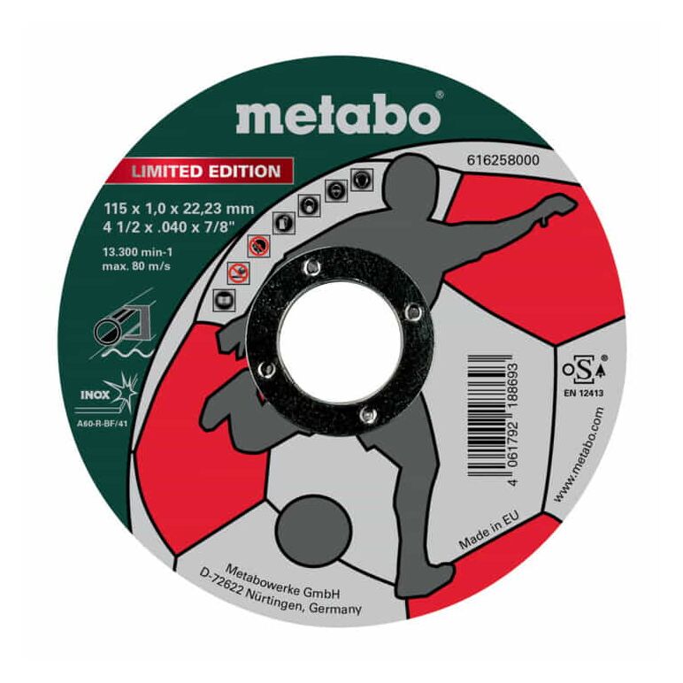Metabo Limited Edition Soccer 115 x 1,0 x 22,23 mm, Inox, Trennscheibe, gerade Ausführung, image 