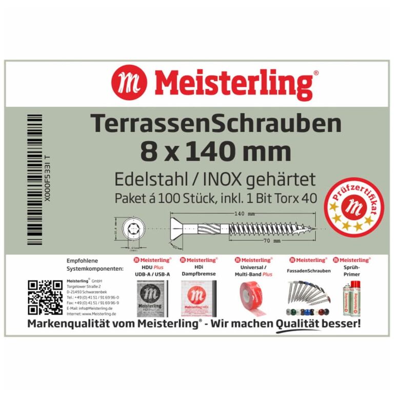 Meisterling Terrassenschrauben 8x140 mm 100 Stück ( 010010000071 ) CUT Spitze 90° Linsen Senkkopf mit Torx 2/3 Grobgewinde VA Edelstahl, image _ab__is.image_number.default