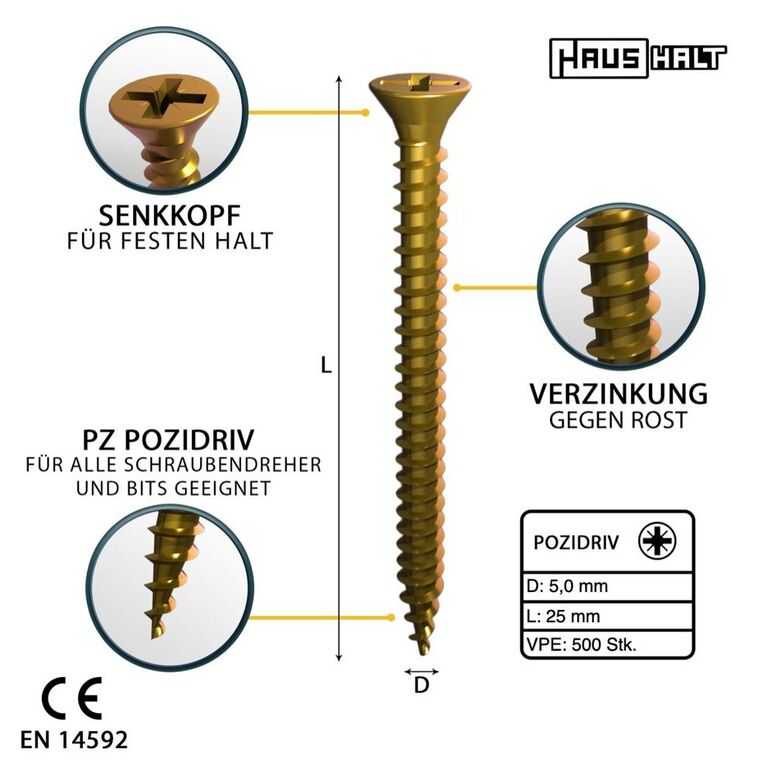 HausHalt Universal Holzbauschraube Holzschraube 5,0 x 25 mm PZ2 500 Stk. ( 000051371188 ) gelb verzinkt Kreuzschlitz Pozidriv Senkkopf Vollgewinde, image _ab__is.image_number.default