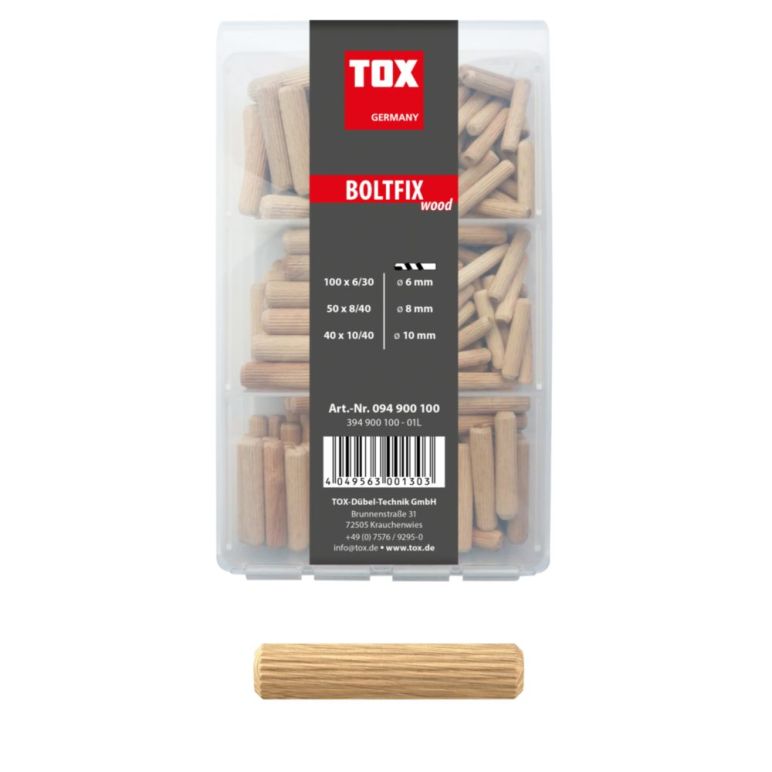 TOX Holzdübel Sortiment 190 tlg. Boltfix wood 100x 6x30 mm, 50x 8x40 mm, 40x 10x40 mm, Riffeldübel aus massiver Buche (094900100) - 190 Stück, image 