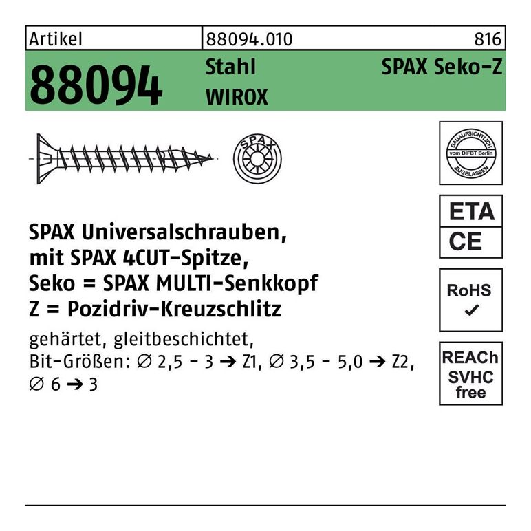 SPAX Schraube R 88094 Senkkopf m.Spitze/Kreuzschl.-PZ, image 