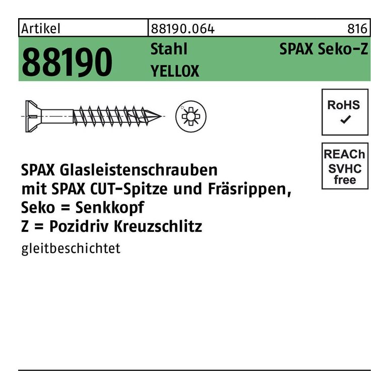 SPAX Glasleistenschraube R 88190 Seko m.Kreuzschlitz-PZ, image 