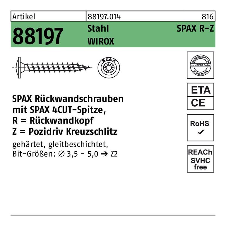 SPAX Rückwandschraube R 88197 m.Spitze/Kreuzschlitz-PZ, image 