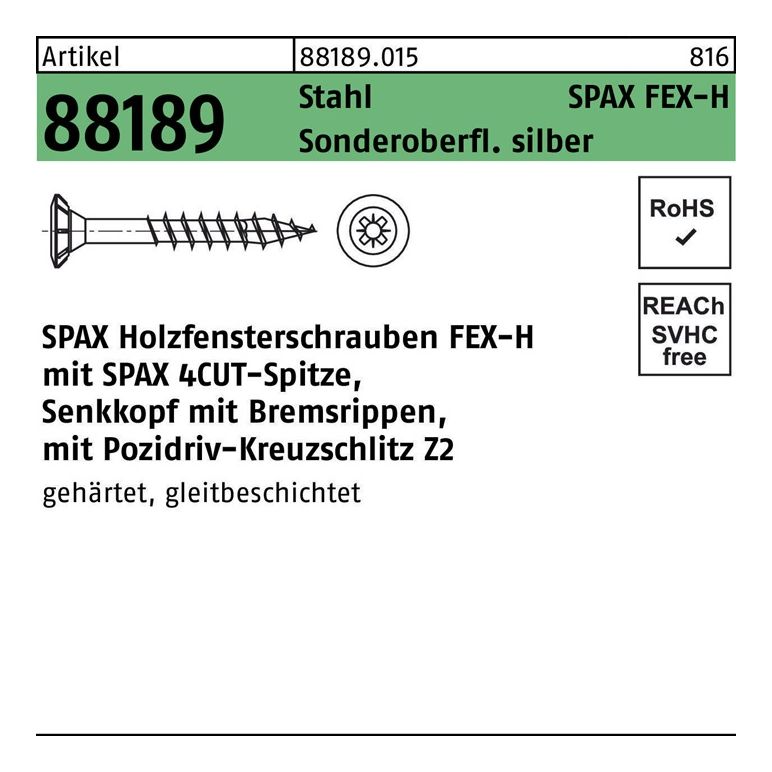 SPAX Holzfensterschraube R 88189 Seko Bremsrippen Kreuzschlitz-PZ, image 