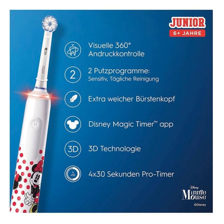 Oral-B Junior Minnie Mouse Elektrische Zahnbürste Electric Toothbrush für Kinder ab 6 Jahren 360° Andruckkontrolle 2 Putzmodi inkl., Timer, weiß + 2 Aufsteckbürsten, image _ab__is.image_number.default