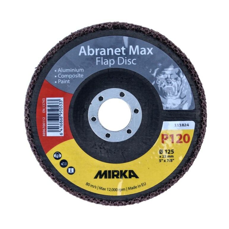 Mirka Abranet Max Flap disc T29 125 mm 22 mm ALOX 120 10 Stück ( 10x 8896700112 ) Fächerscheibe für Aluminium, Verbundstoffe, Lack, image 