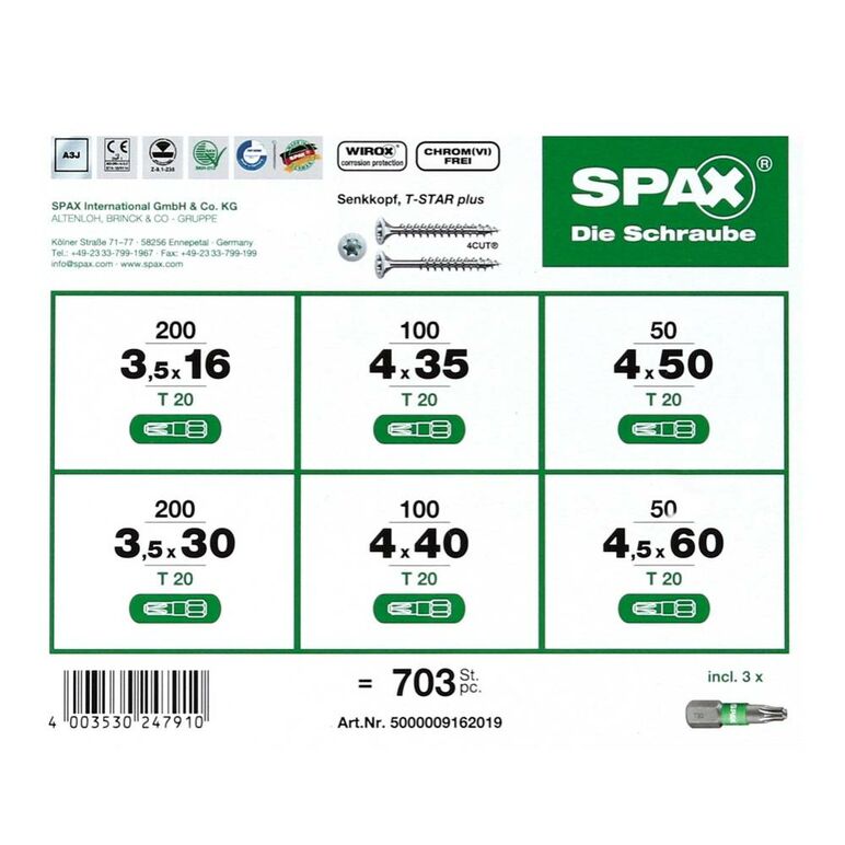 SPAX® Montagekoffer T-STAR Plus Schraubenset 703 tlg. mit 6 Abmessungen WIROX 4CUT, Senkkopf in L-Boxx Mini ( 5000009162019 ), image _ab__is.image_number.default